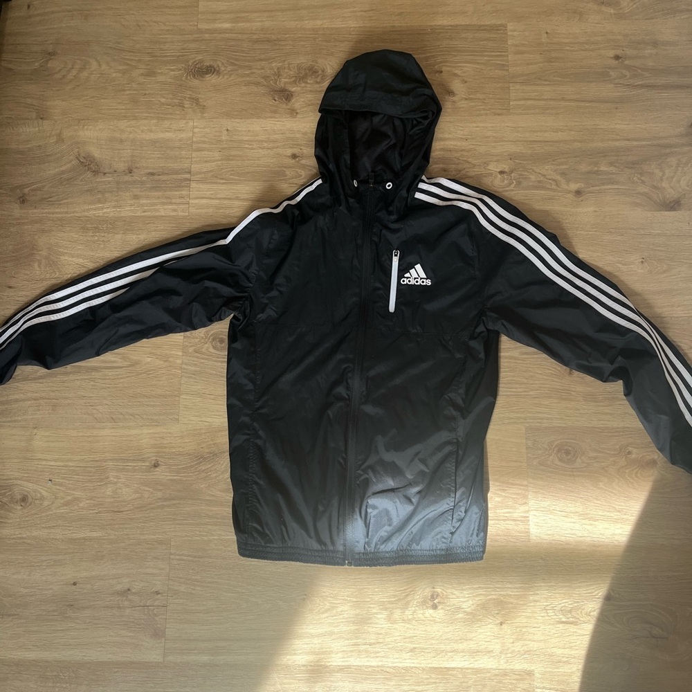 Adidas Men's Black Windbreaker with White Stripes